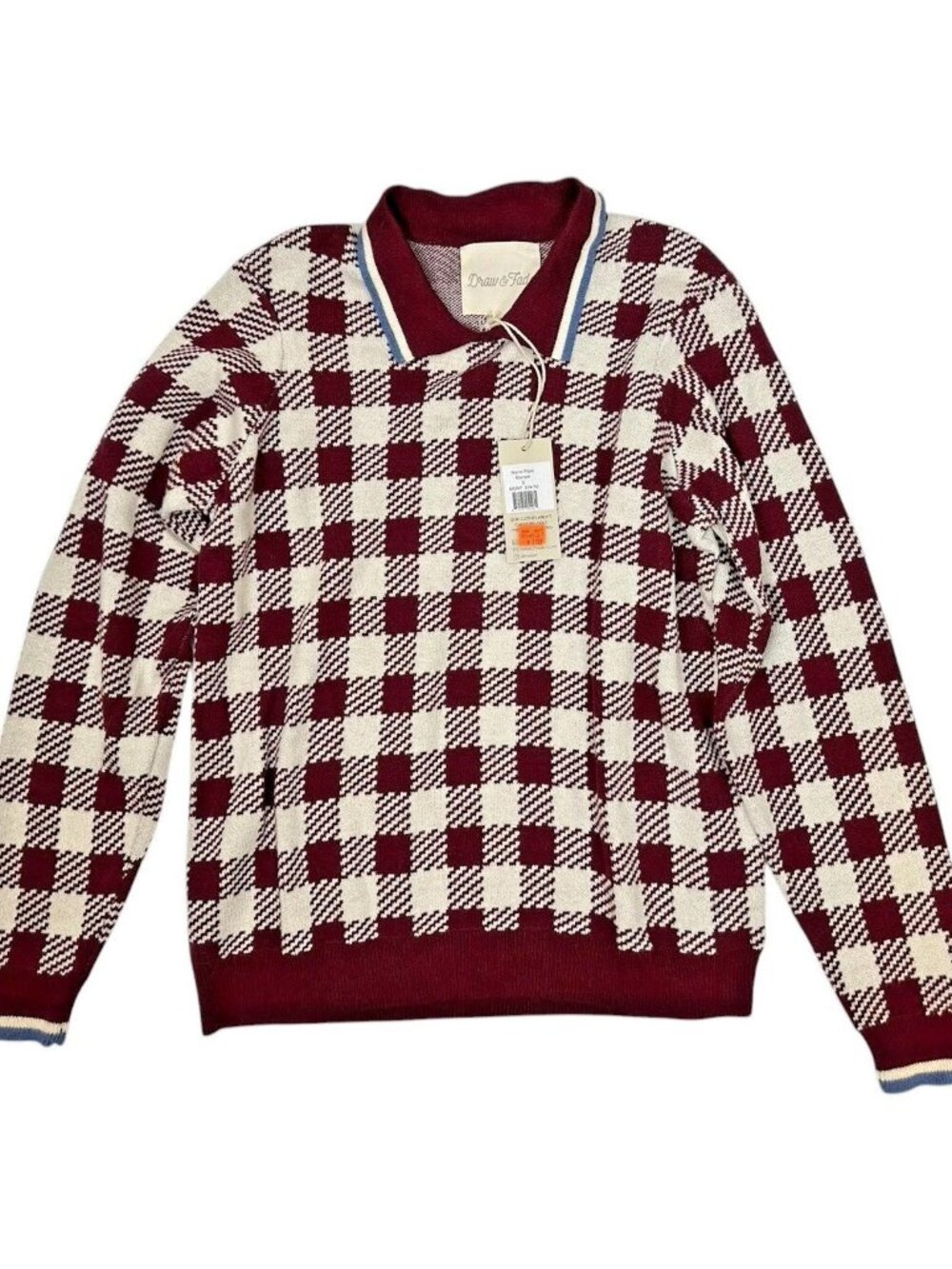Draw & Fade Marie Sweater Mens Small Plaid Burgundy Collared Preppy Knit NEW NWT